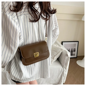 Detail of vintage brown crossbody bag with gold metal buckle and adjustable leather strap