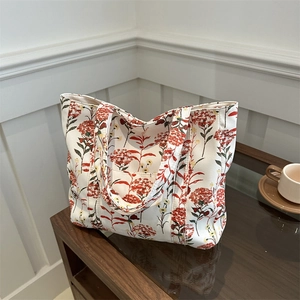 Women's Floral Canvas Tote Bag Large Capacity Floral Print Shoulder Bag Casual Handbag For Commuting Travel Shopping