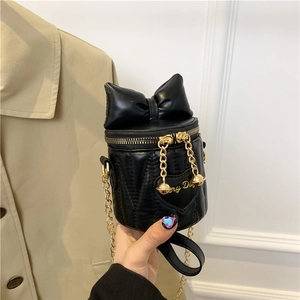 Koreanischer Stil Schleife PU Leder Mini Eimertasche Damen Herz Gesteppt Kette Schulter Crossbody Tasche Süße Mode Handtasche