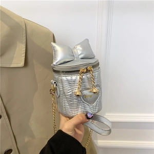 Silberne Stepp-Beuteltasche mit Schleifendetail und goldener Kette für Damen