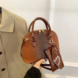 Brown crocodile pattern top handle bag set with detachable shoulder strap and small pouch