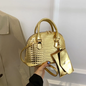 Golden crocodile texture shell handbag with matching mini pouch and shoulder strap