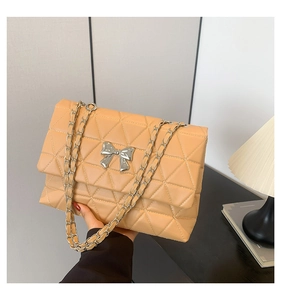 Detail of light beige quilted chain bag with silver bow accent and woven strap