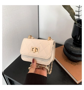 Close-up of a cream quilted mini bag with gold twist lock and chain strap