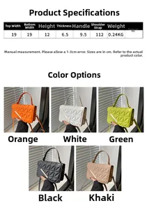 Detailed size chart for the quilted PU crossbody bag showing dimensions and colors
