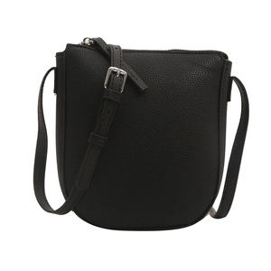 Minimalist black pebble leather crossbody bag for women with silver metal hardware accents