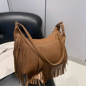 Sac à Épaule Hobo en Cuir PU Femme Longues Franges Style Bohème Bandoulière Réglable Motif Litchi Sac Cabas Quotidien