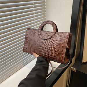 Brown crocodile embossed tote bag with circular handle and crossbody strap, 2024 fashion