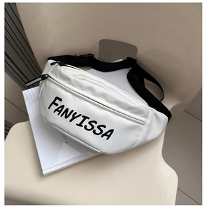 Close-up of white sports fanny pack with black FANYISSA logo and adjustable strap