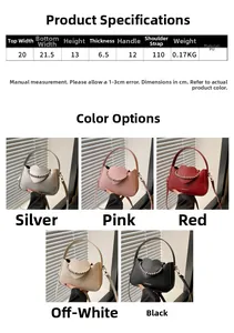 Size chart for heart flap crossbody bag with pearl handle in silver pink red beige and black