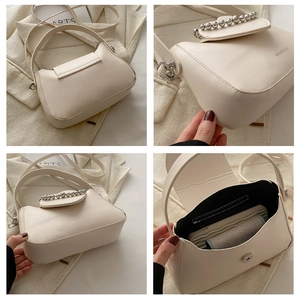 Detail shots of off-white faux leather handbag with silver beads and magnetic closure