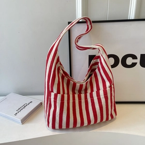 Large Capacity Striped Canvas Tote Bag For Women Simple Casual Shoulder Bag With Magnetic Buckle Daily Travel Beach Handbag