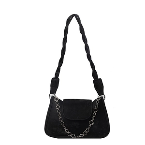 Sac bandoulière noir de style français avec bandoulière tissée et chaîne pétale argent