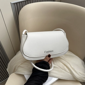 White faux leather saddle shoulder bag with Fashion lettering and round strap