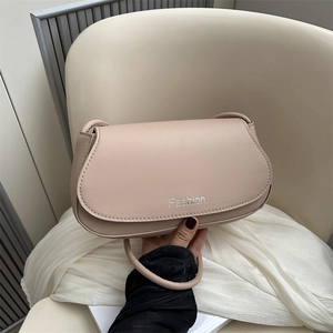 Minimalist beige PU leather shoulder bag with Fashion logo and semi-circle flap