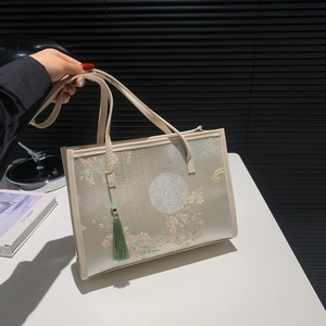 Chinese Style Floral Embroidery Tote Bag For Women Vintage PU Leather Shoulder Bag With Tassel Elegant Handbag Large Capacity Bag