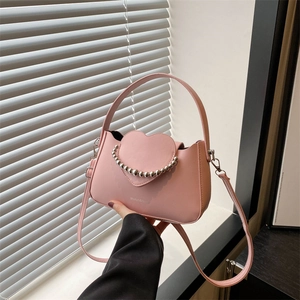 Fashion Women Heart Shaped Flap Shoulder Bag PU Leather Bead Decor Crossbody Bag Small Square Top Handle Handbag Elegant Purse