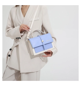 Détail du sac à main bicolore avec boucles dorées et bandoulière blanche élégante