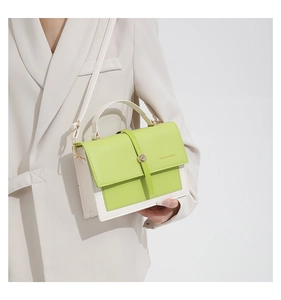 Détail du sac bandoulière contrasté vert et beige avec boucle dorée et texte imprimé