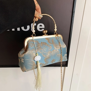 Vintage Embroidered Floral Satin Shoulder Bag For Women Gold Metal Handle Kiss Lock Evening Clutch Crossbody Handbag