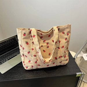 Women Corduroy Strawberry Print Tote Bag Large Capacity Casual Fashion Shoulder Handbag Versatile Shopping Bag Gift