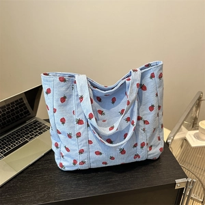 Light blue corduroy tote bag with red strawberry print for women casual daily use
