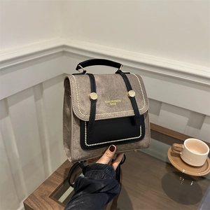 Brown and black retro dual-use backpack and handbag with gold metal hardware for women