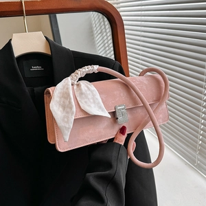 Pink frosted shoulder bag with silk scarf handle decoration and diamond square lock