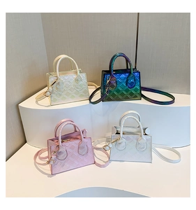 Quilted crossbody bags in white, pastel pink, and gradient green with metallic finish