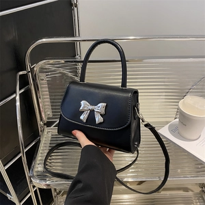 Women Small PU Leather Square Handbag With Silver Metal Bow Decor Sweet Fashion Shoulder Crossbody Bag For Daily Use