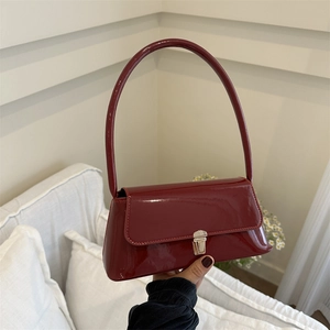 Retro Glossy PU Leather Baguette Underarm Bag For Women Urban Simple Solid Color Shoulder Handbag With Metal Lock Fashion Purse
