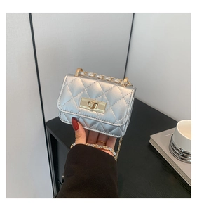 Dettaglio della mini borsa a tracolla trapuntata argento con chiusura e catena dorata