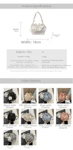 Detailed chart showing PU drawstring bucket bag dimensions 18x15x10cm in multiple colors
