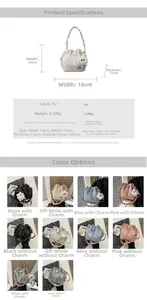 Detailed size diagram and specifications for the drawstring bucket bag in five colors