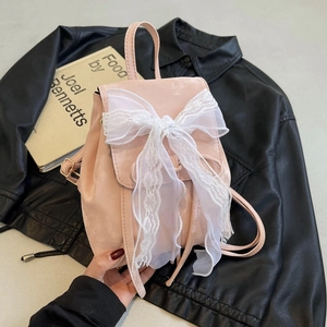Petit Sac à Dos Femme Cuir PU Noeud en Dentelle Blanche Style Coréen Doux Cordon de Serrage Sac à Dos de Mode Pour Filles