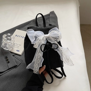Sac à dos à cordon noir tendance avec grand nœud en dentelle blanche style coréen