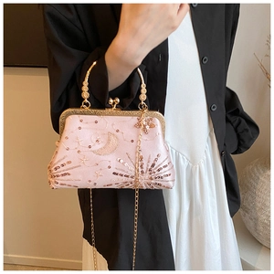 Detail of pink vintage sequin bag with celestial embroidery and gold chain strap