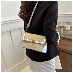 Detail of a beige canvas crossbody bag with silver leather trim worn by a model