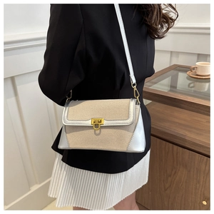 Detail of trendy patchwork crossbody bag with metallic silver trim and gold U-shaped lock