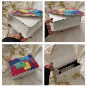 Detailed views of white chain bag with colorful geometric patterns and accordion structure