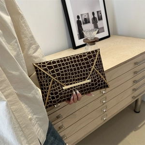 Women's vintage dark brown envelope clutch with gold metal grid and crocodile texture
