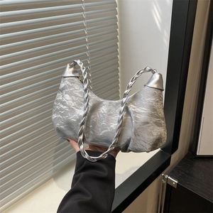 Metallic silver ruched hobo bag with braided rope handle for women's modern daily style