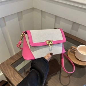Pink leather and canvas patchwork crossbody square bag with gold metal buckle