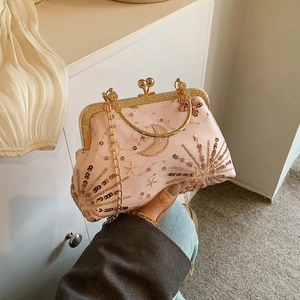 Women Vintage Sequin Evening Bag Star Moon Embroidery PU Leather Shoulder Bag With Gold Kiss Lock Metal Chain Clutch Bag