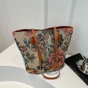 Vintage floral tapestry tote bag with brown leather handles and large capacity