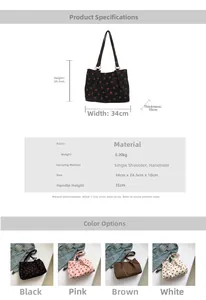 Detailed size chart for the corduroy tote bag showing strawberry prints and dimensions
