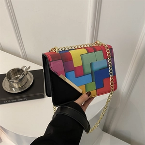 Trendy Color Block Geometric Pattern PU Leather Shoulder Bag For Women Fashion Chain Crossbody Small Square Bag Casual Handbag