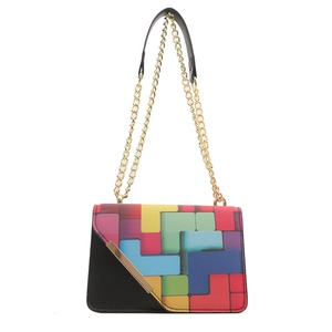 Fashionable crossbody chain bag with vibrant colorful geometric pattern and gold trim