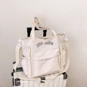 Women Large Capacity Canvas Tote Bag Multi-Pocket Shoulder Crossbody Bag Casual Letter Print School Travel Handbag