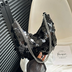 Sparkly black sequin hobo bag with silver chain strap for elegant shoulder wear